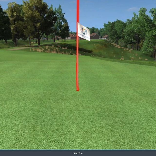 Golf flag on green with trees and water in the background