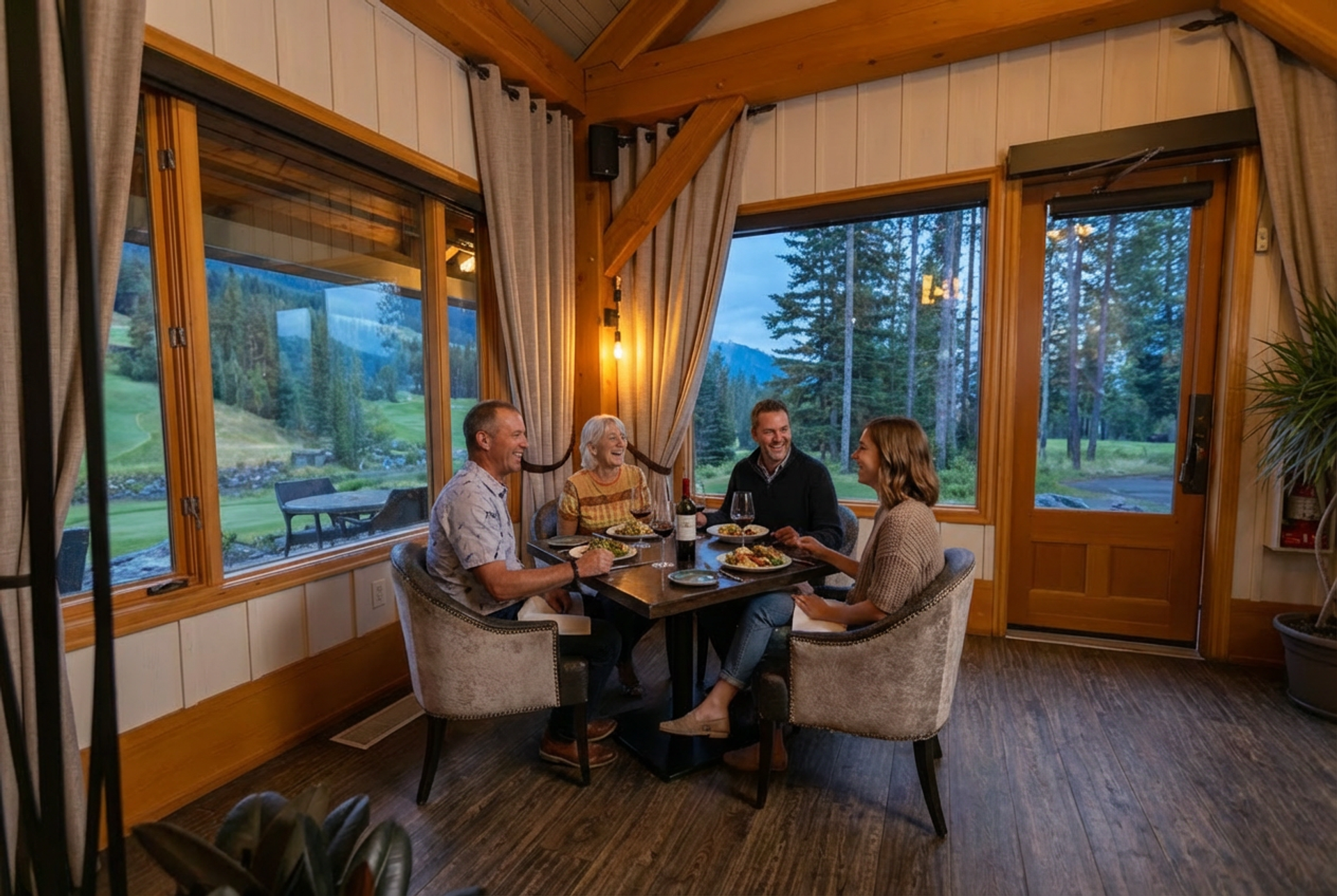 Group dining at a restaurant table with mountain and forest views through large windows.