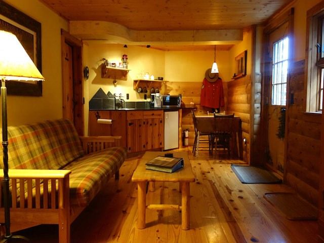 Rustic cabin interior with a futon, kitchenette, wooden floors, and warm lighting.
