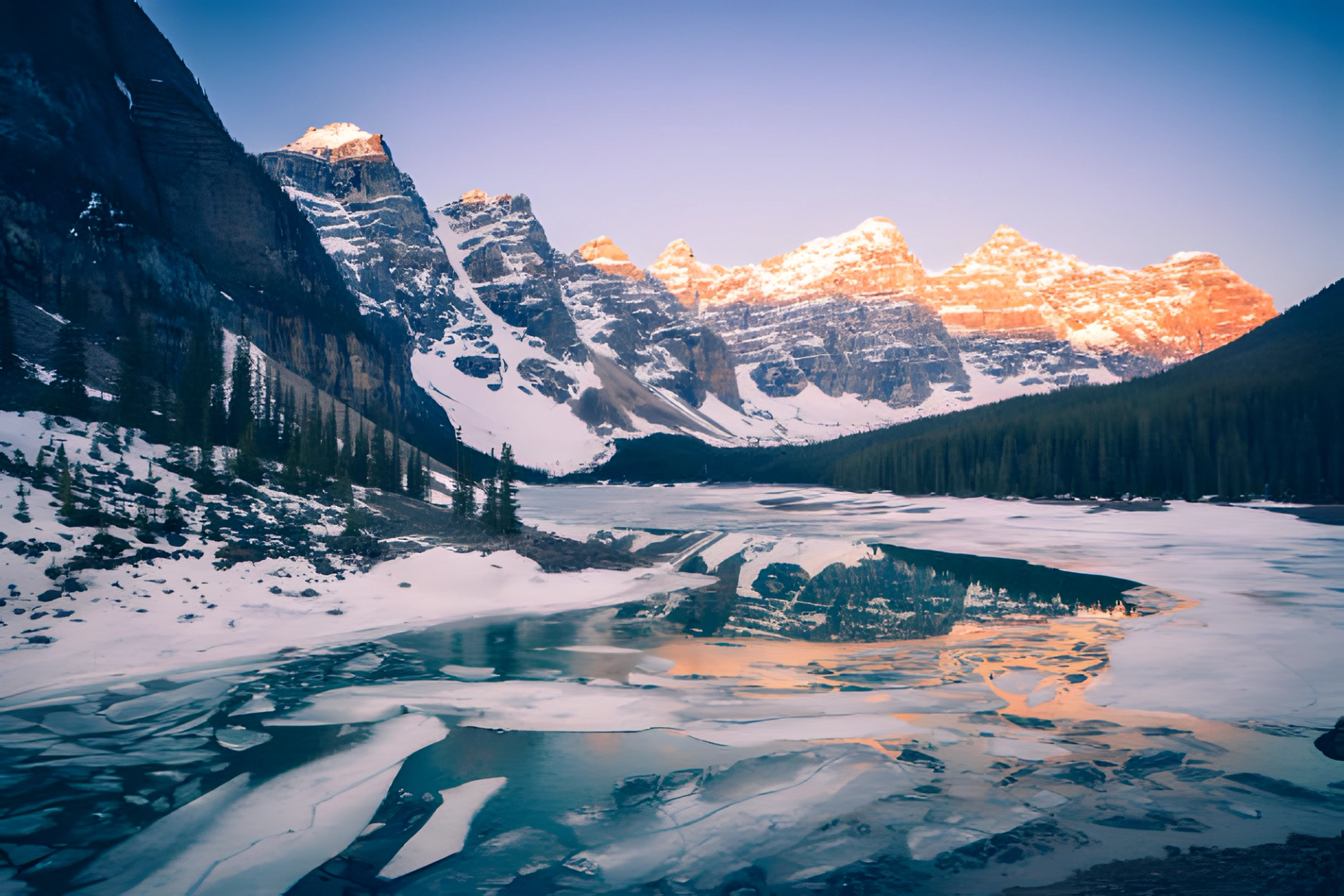 Frozen lake with snowy peaks glowing at sunrise in Banff National Park.
