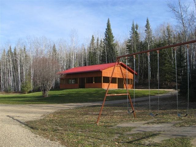 Cabin with red roof by forest, swing set in foreground on grassy and dirt area under blue sky.