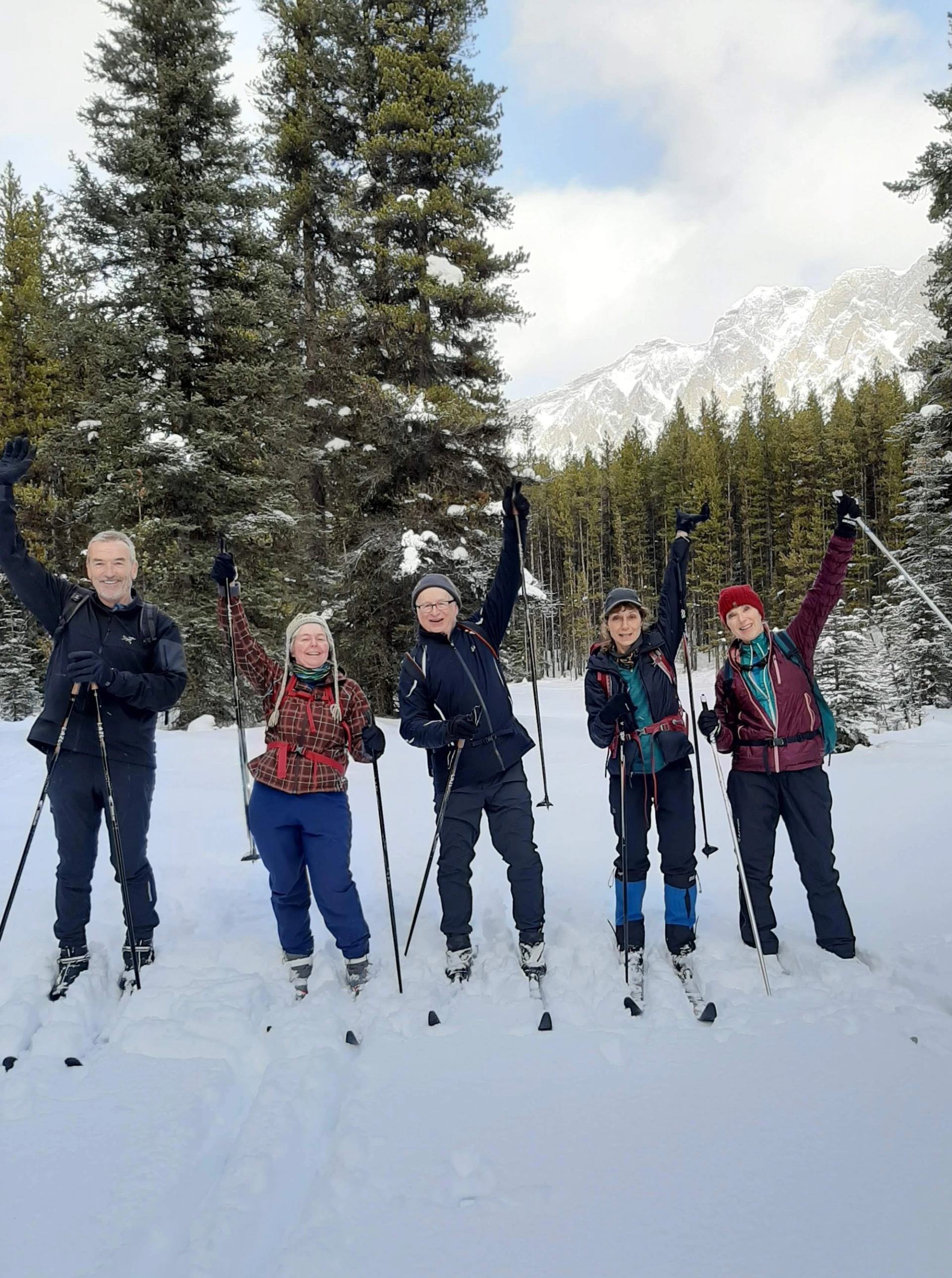 Group skiing through snowy forest during cross-country lesson.