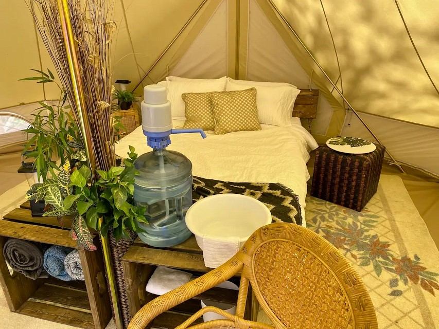 Canvas tent interior with bed, water dispenser, chair, and plants