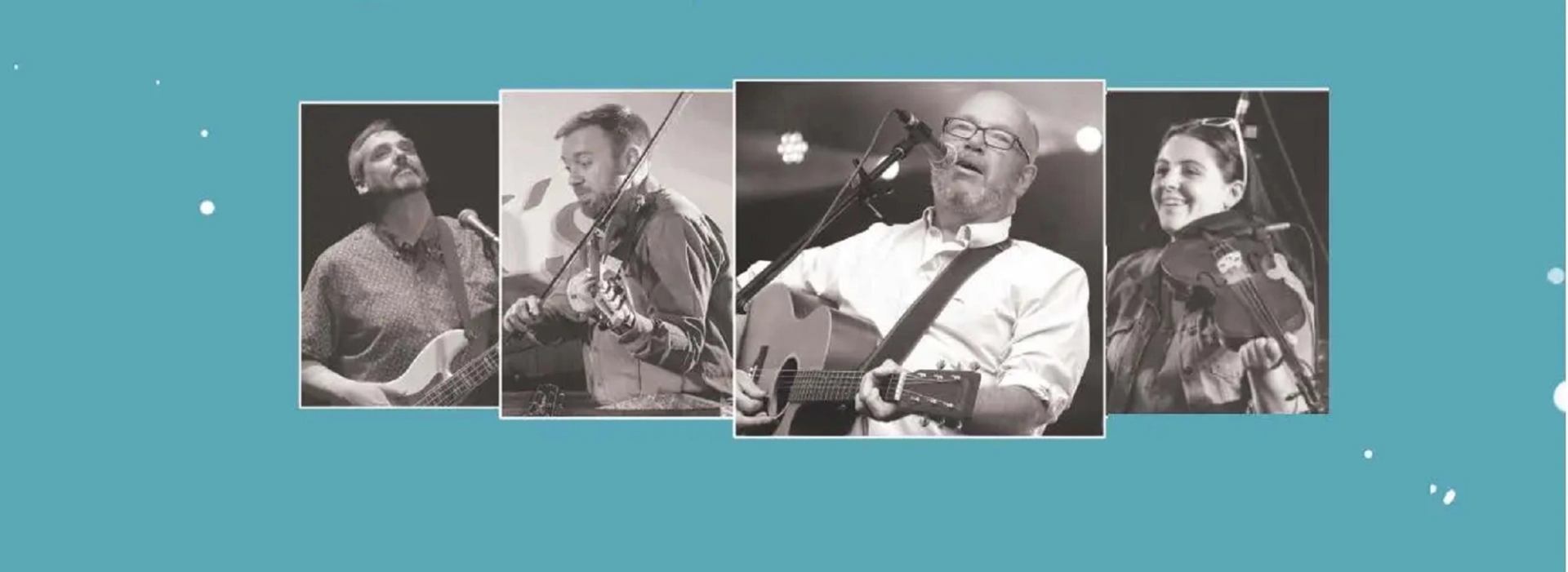 Collage of musicians performing on stage with guitar, violin, and microphone under spotlights.