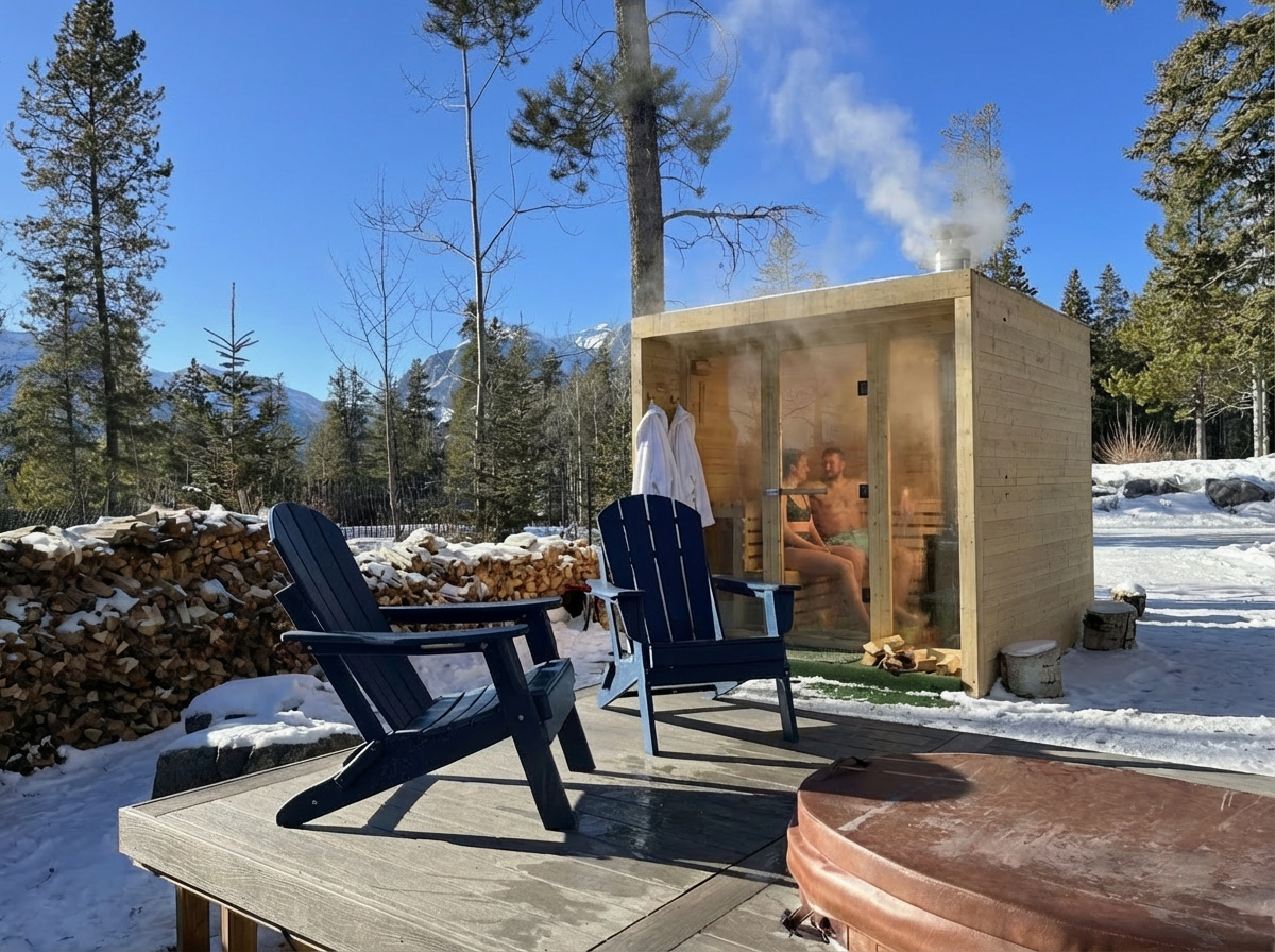 A couple in an outdoor steaming sauna amidst a snowy mountain landscape with a hot tub and Adirondack chairs.