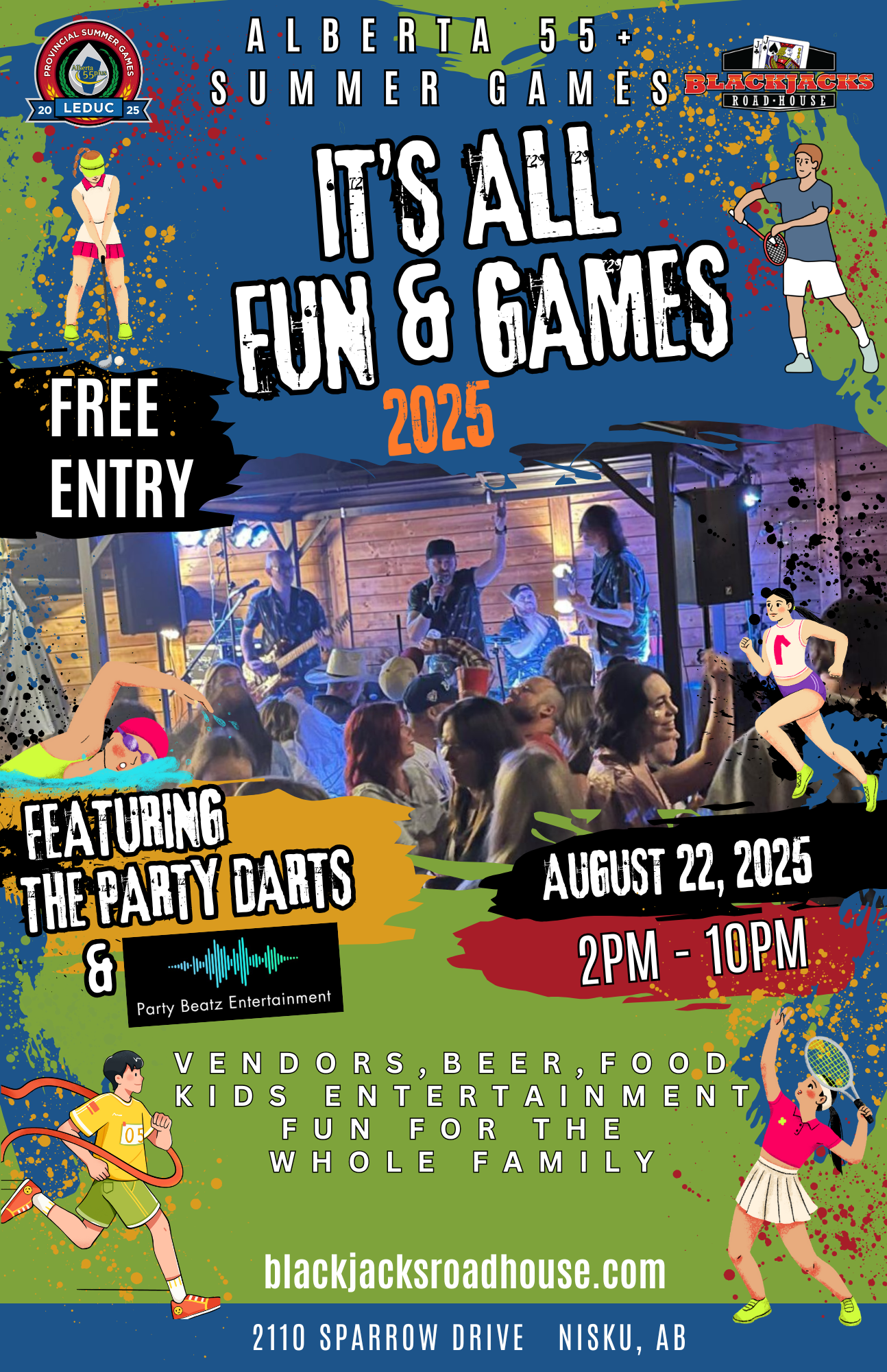 Alberta Summer Games poster for Blackjacks Road-House with live music, games, and crowd on stage.