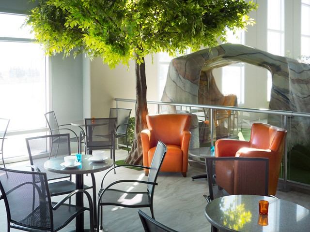 Indoor seating area with tables, metal chairs, orange armchairs, faux tree and rock arch.