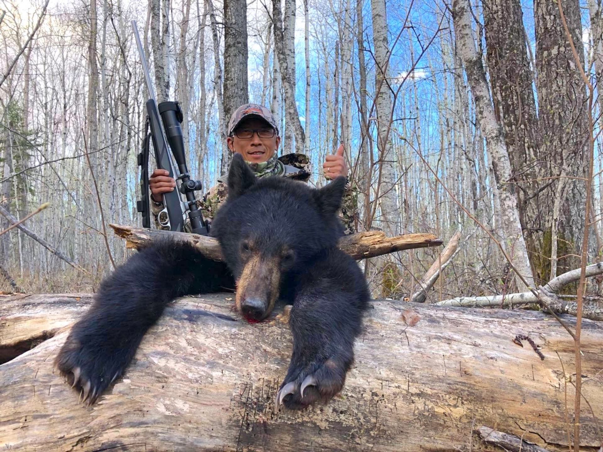 Black bear resting on a fallen log in a snowy forest with hunting gear visible.