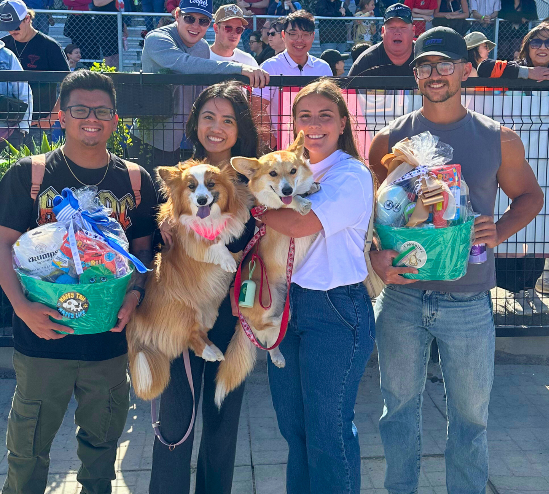 Two corgis held by people with large gift baskets at race event