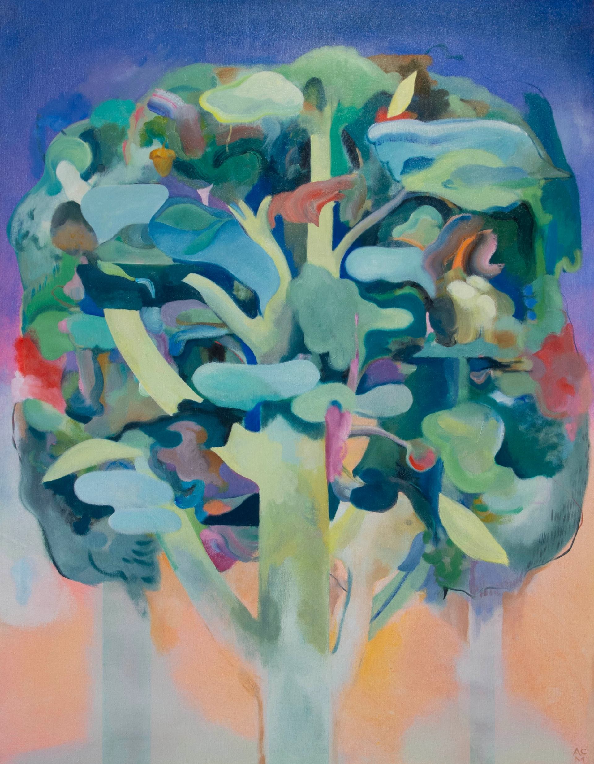 Abstract painting of a colorful tree with a dense, multi-hued canopy against a blue and orange gradient background.