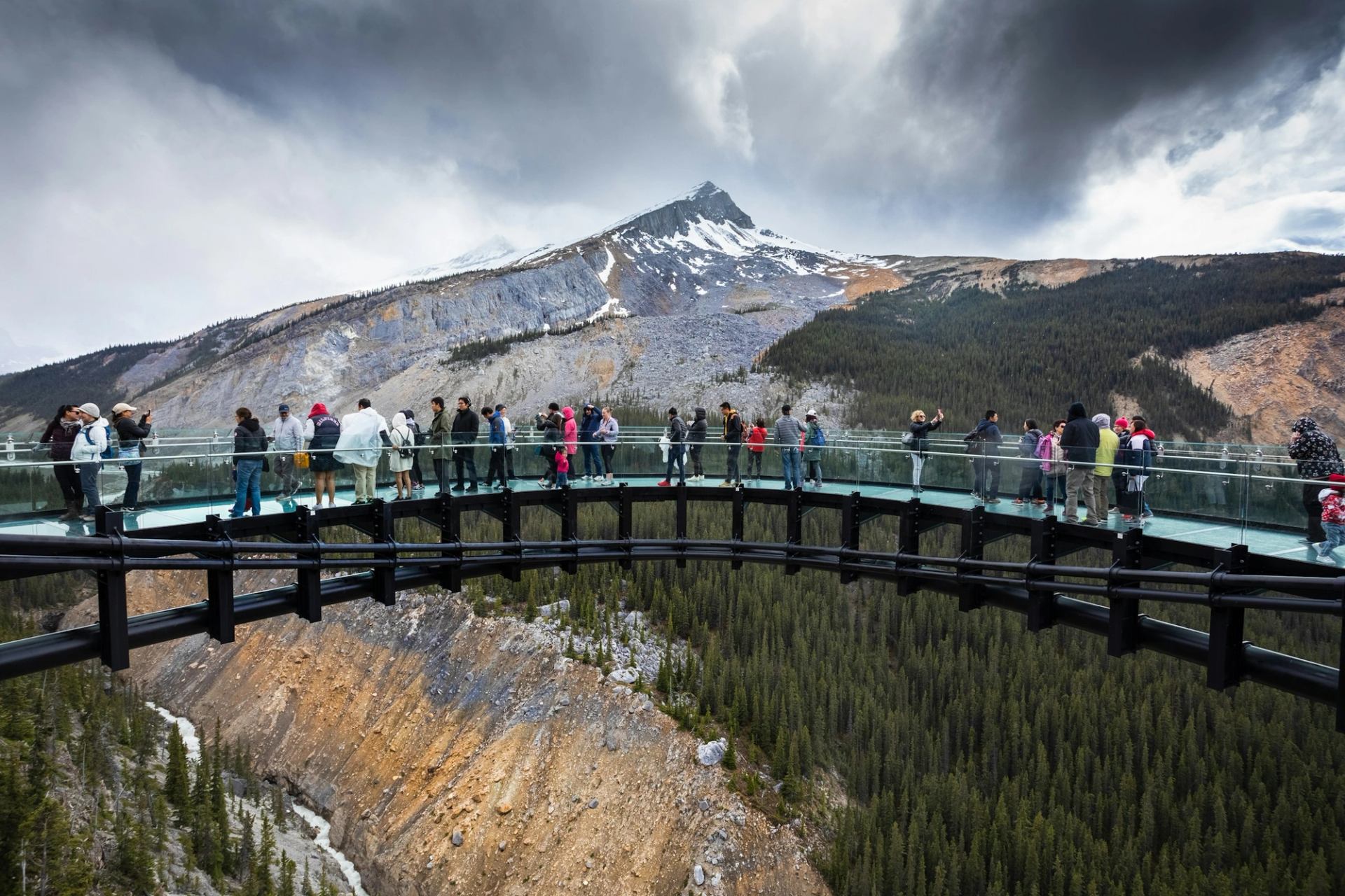 Visitors stand on a curved glass walkway above a forested canyon and distant mountains.
