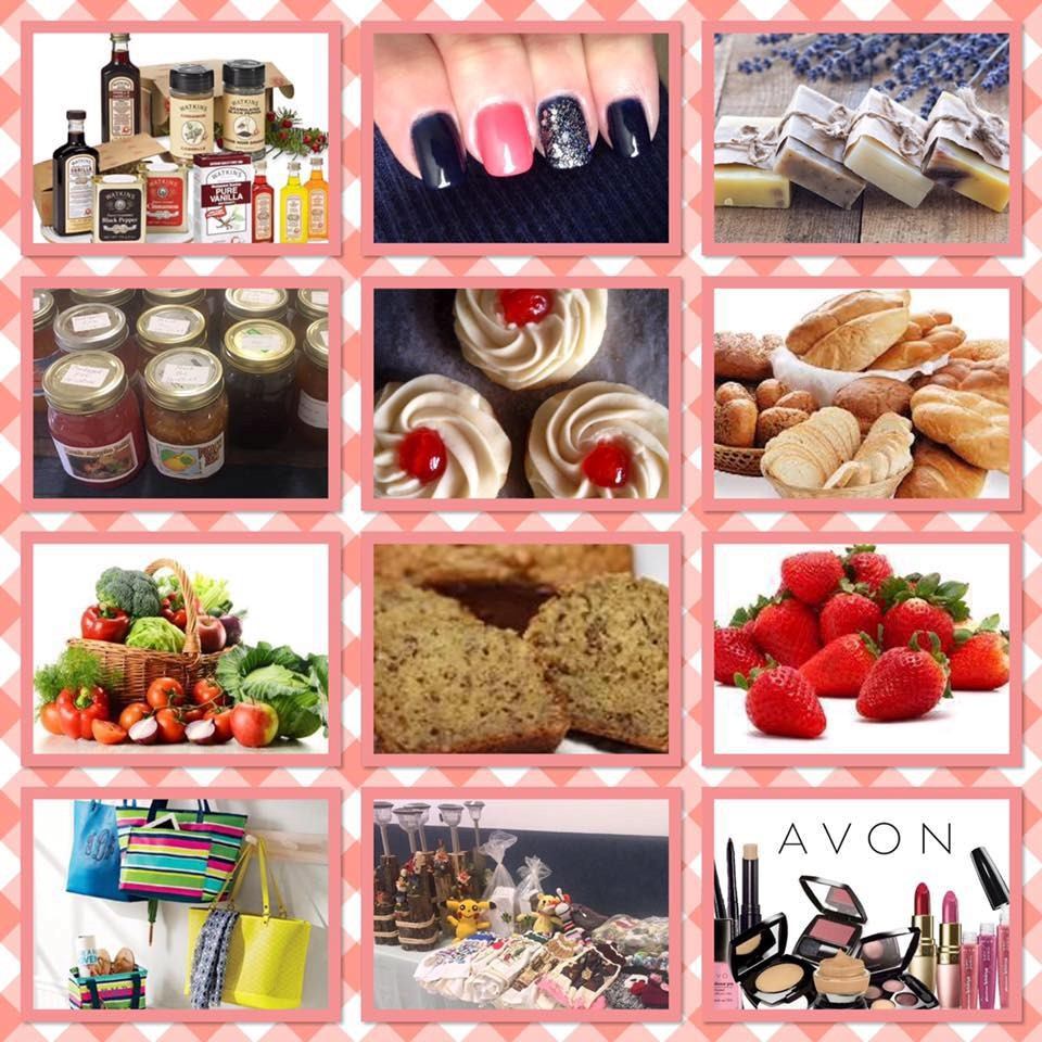 Farmers market collage with jars, cupcakes, bread, fruit, and AVON products on display.