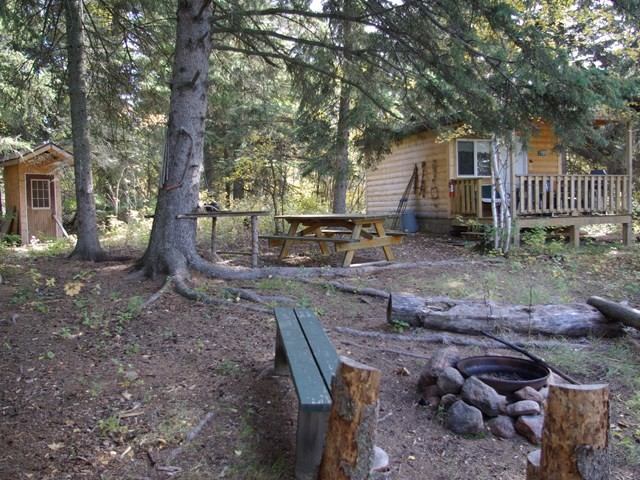 Rustic cabin in the woods with picnic table, benches, and a fire pit.