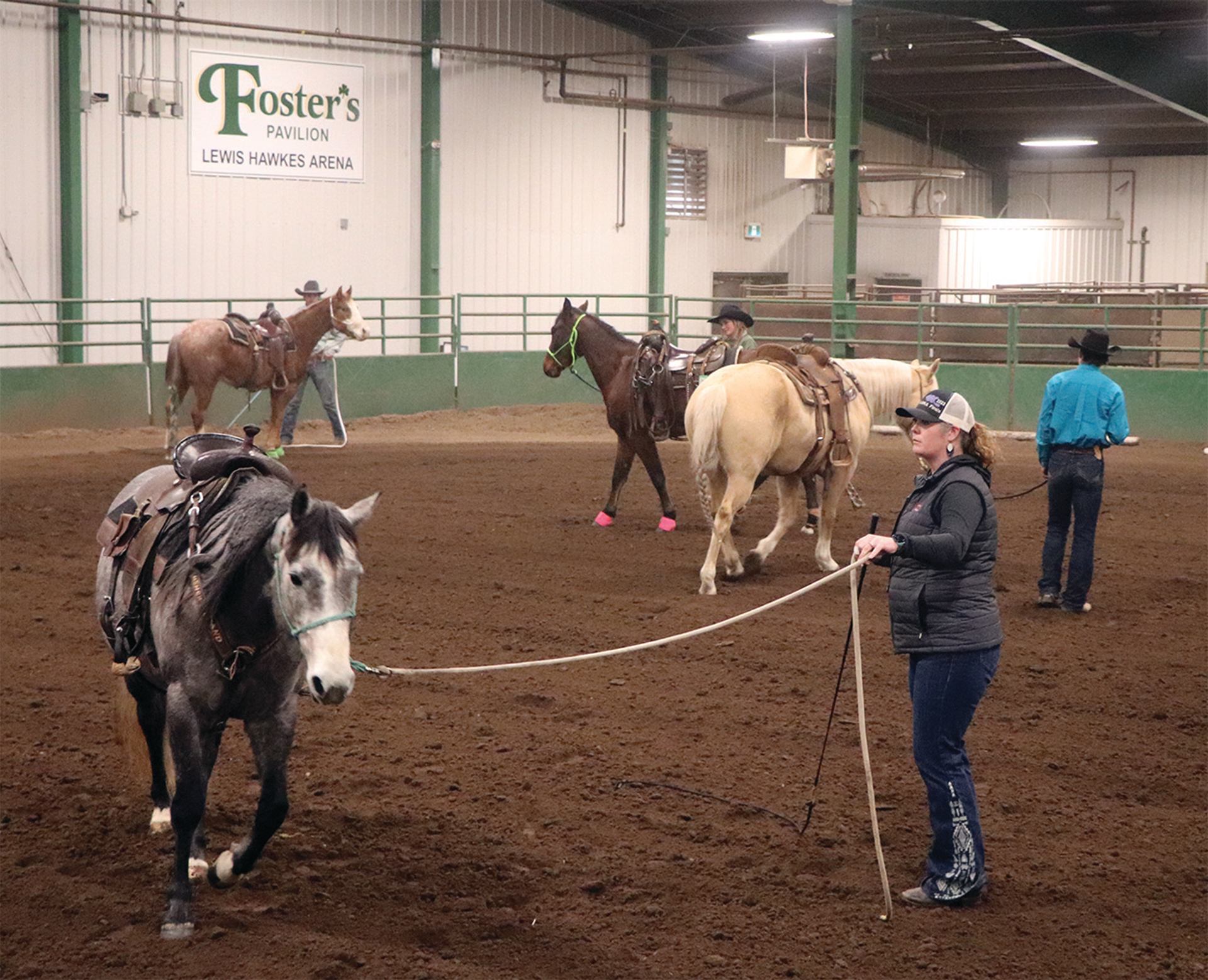  Horses and riders practicing in an indoor training arena