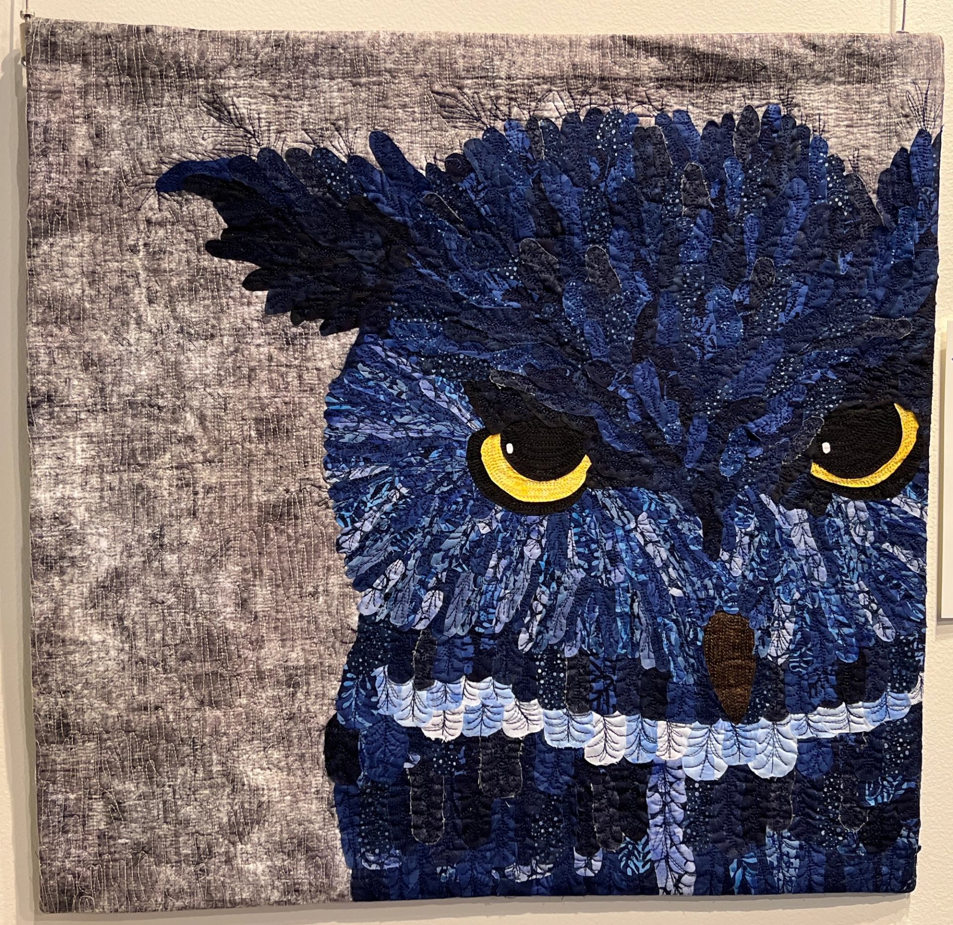 Quilt wall hanging shows a blue bird with yellow eyes on dark fabric background.
