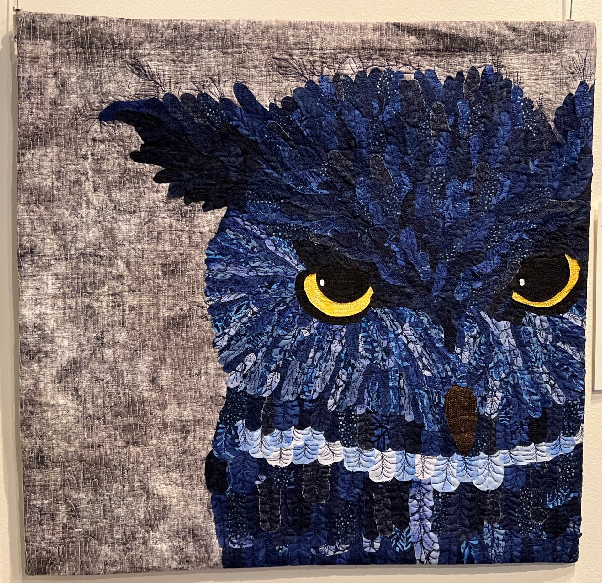 Quilt wall hanging shows a blue bird with yellow eyes on dark fabric background.