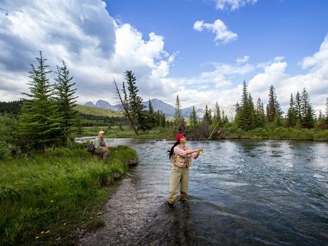 Women fly fishing in the river.