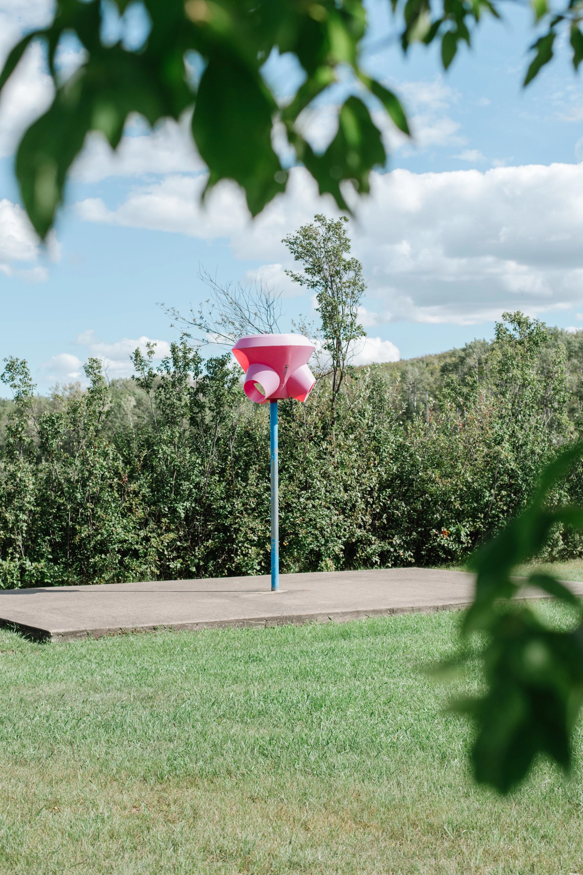 Pink funnel-shaped playground structure on blue pole beside concrete pad and trees.