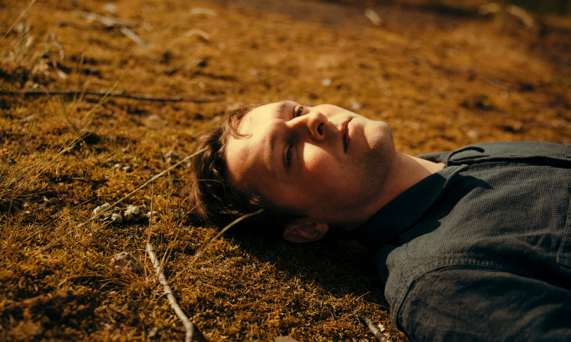Person lying on dry mossy ground, looking upward, wearing a dark collared shirt.