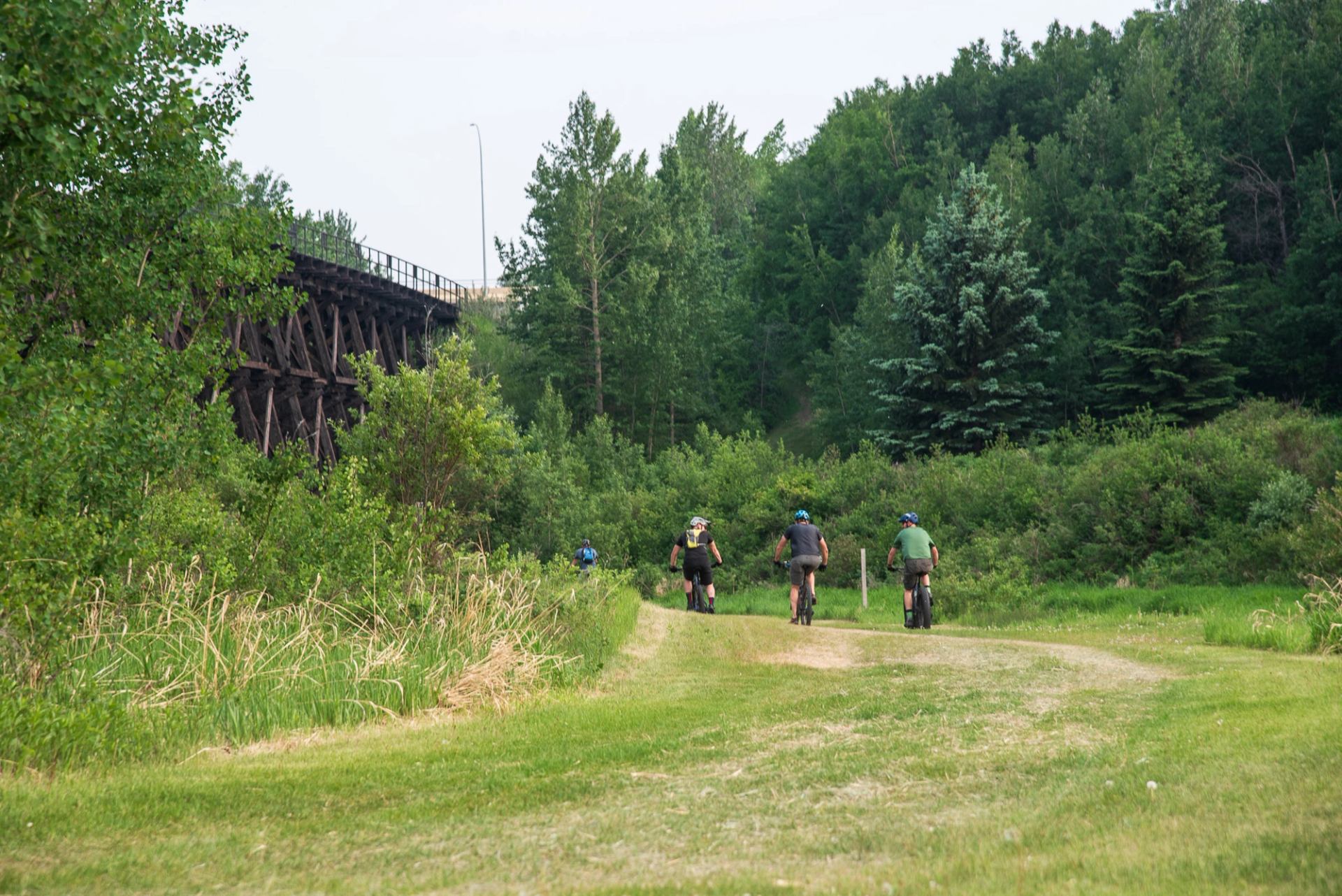 Several people bike towards a trestle bridge in Stoney Creek Park, Camrose.