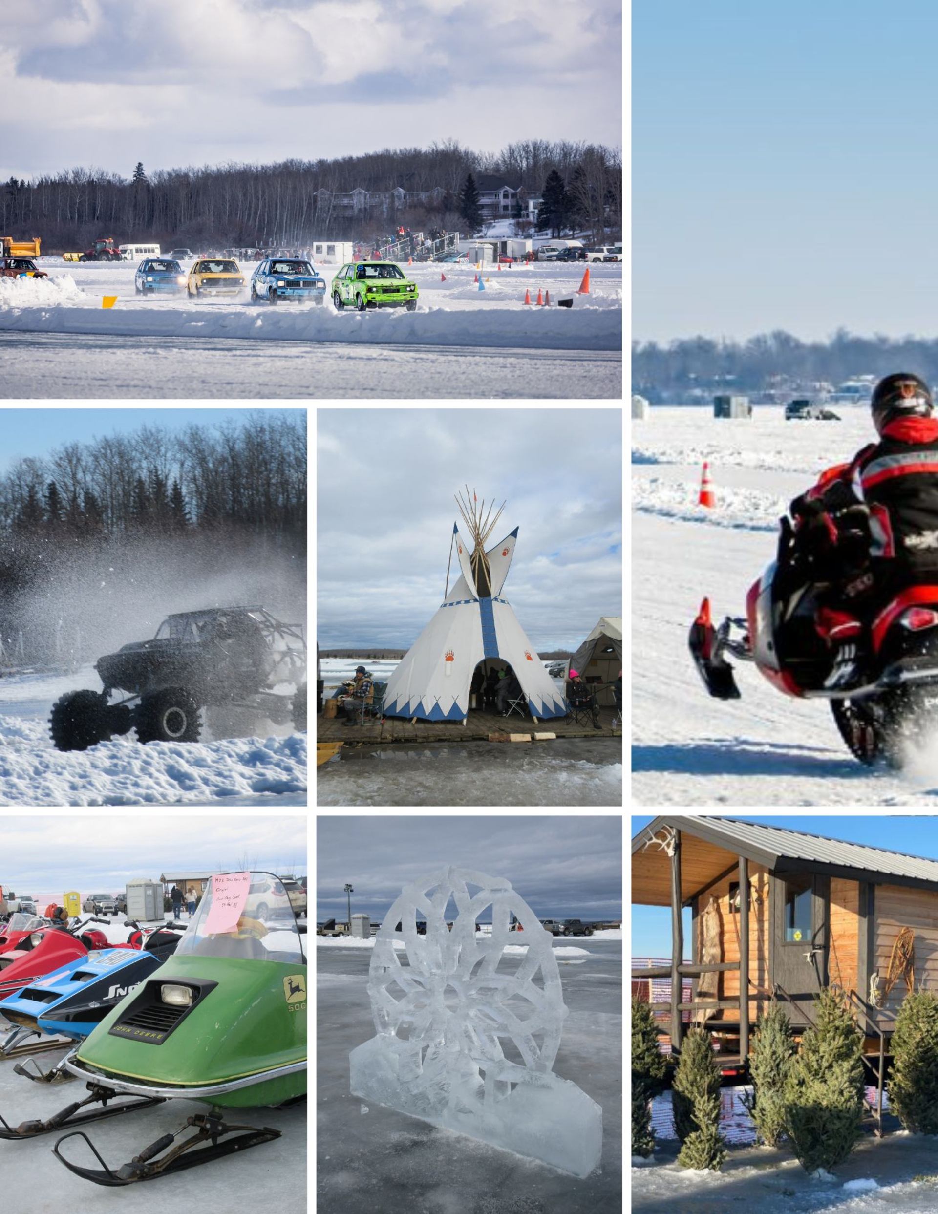 Collage of ice racing, snowmobiles, ice carvings, and winter activities at the Lac La Biche Ice Festival.