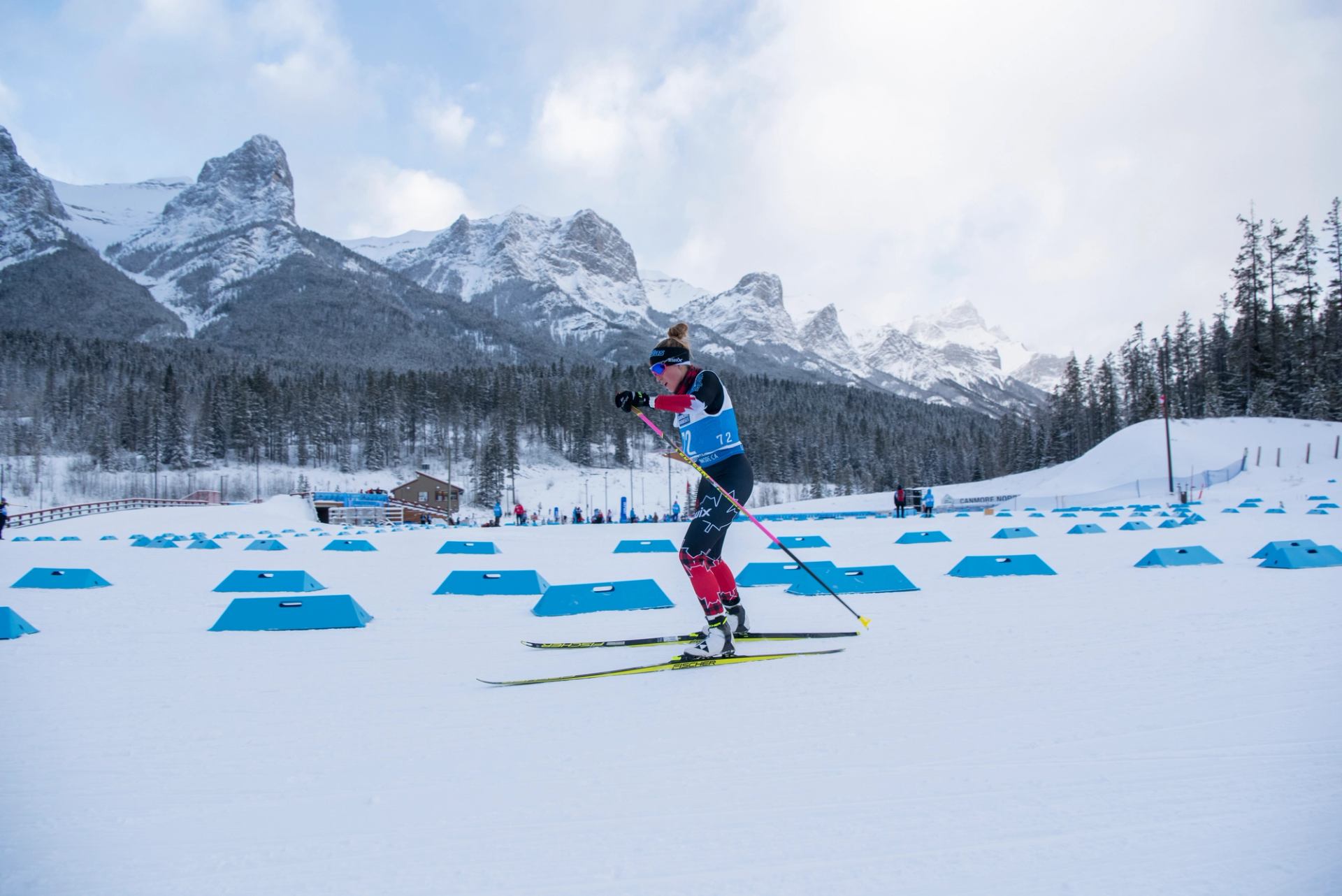 Para biathlete skiing past blue markers with snowy mountains behind.