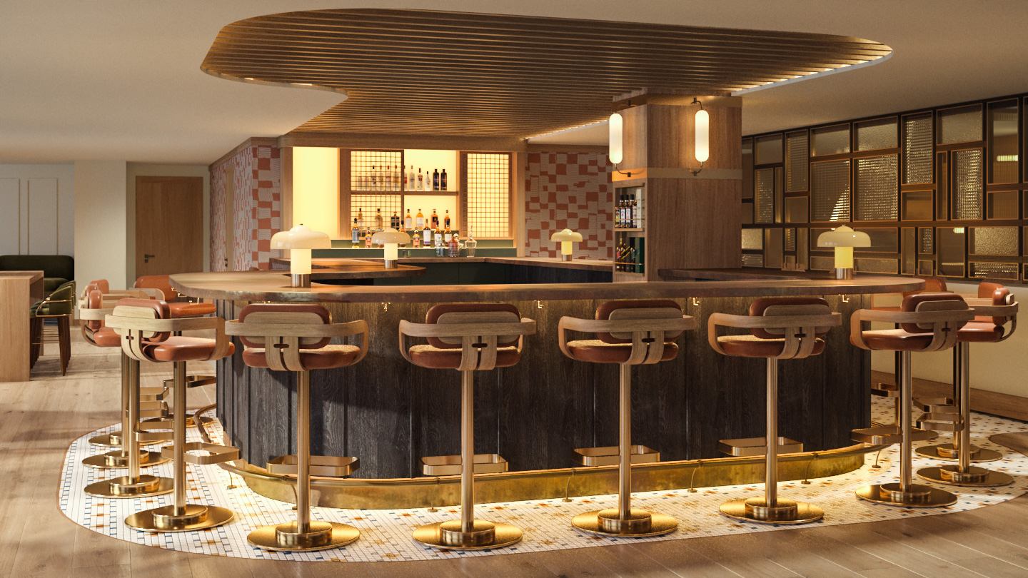 Contemporary hotel bar with curved wood ceiling, brass accents, and upholstered stools at Rimrock Banff.