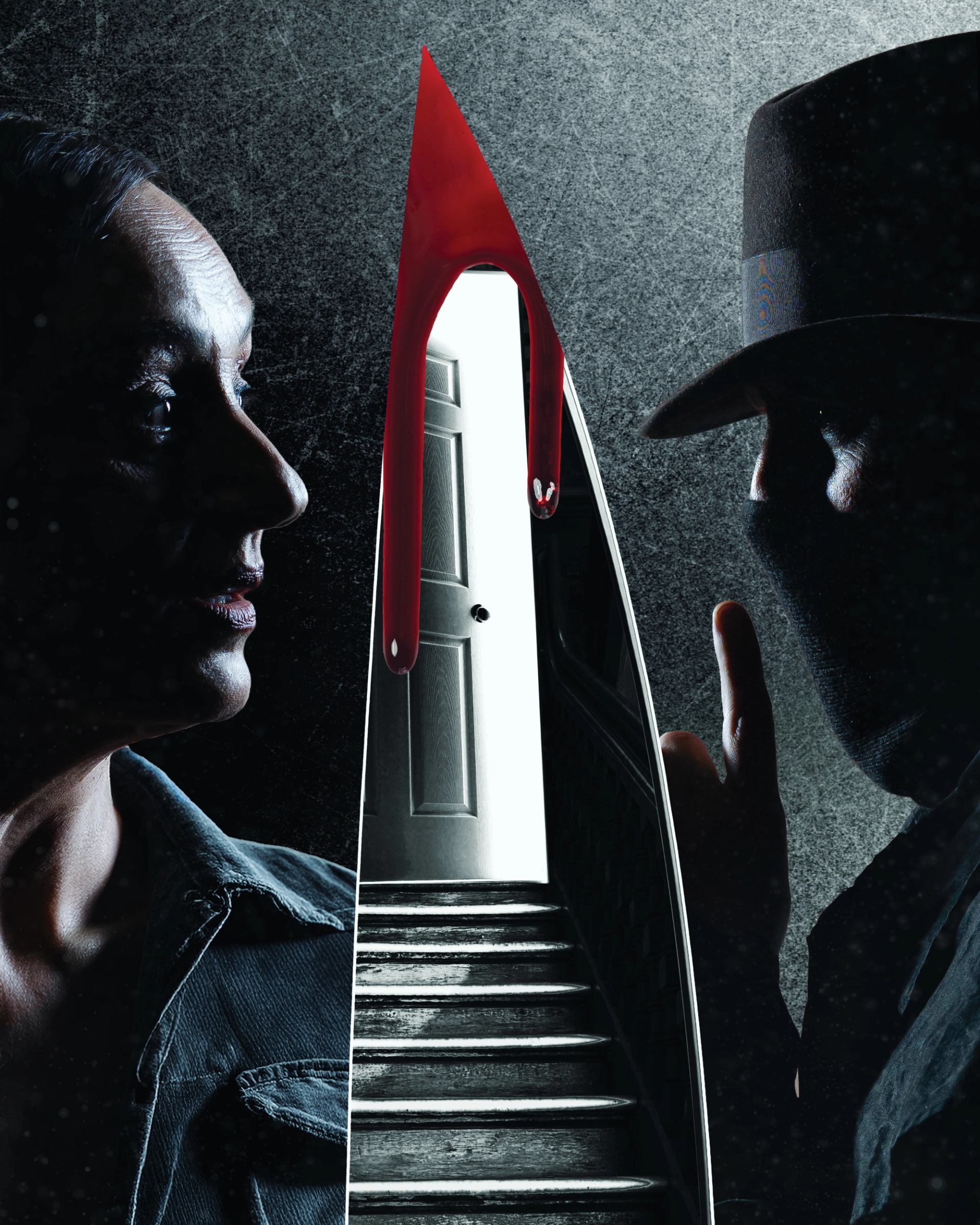 Knife blade with red liquid divides two faces and a staircase to a door.
