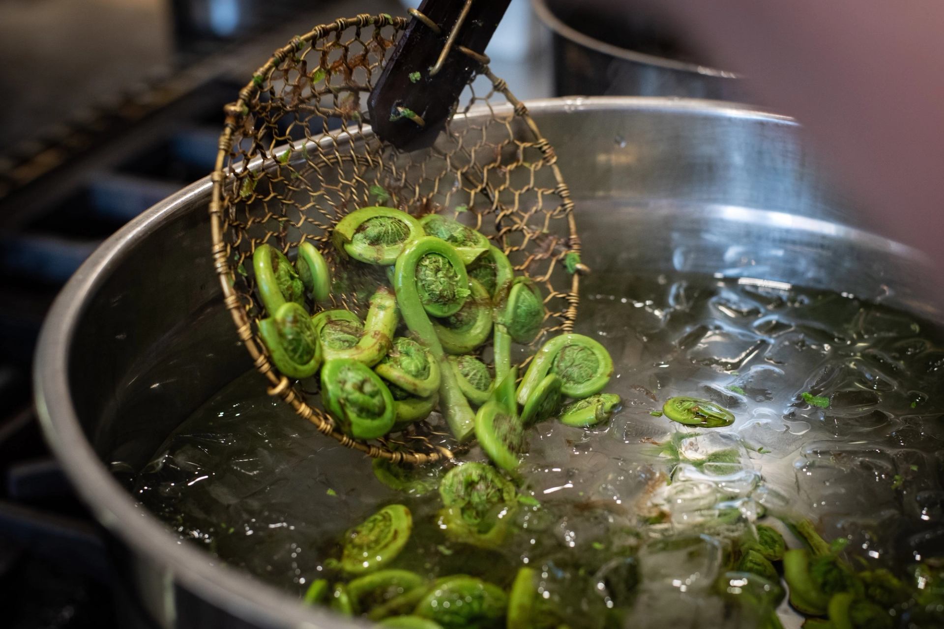 Vegetable strainer holding green onions over a pot of boiling water and splashing liquid.