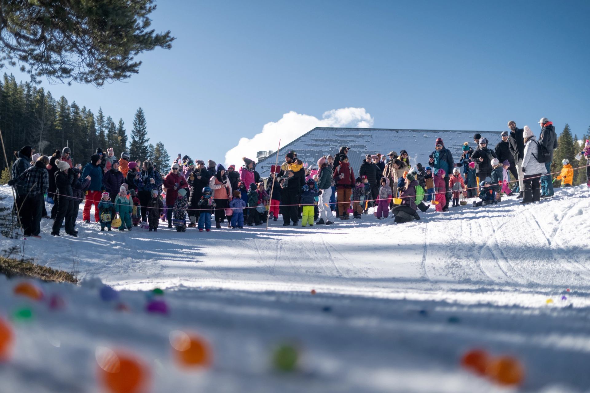 Crowd gathers on snowy slope with colorful Easter eggs scattered in foreground.