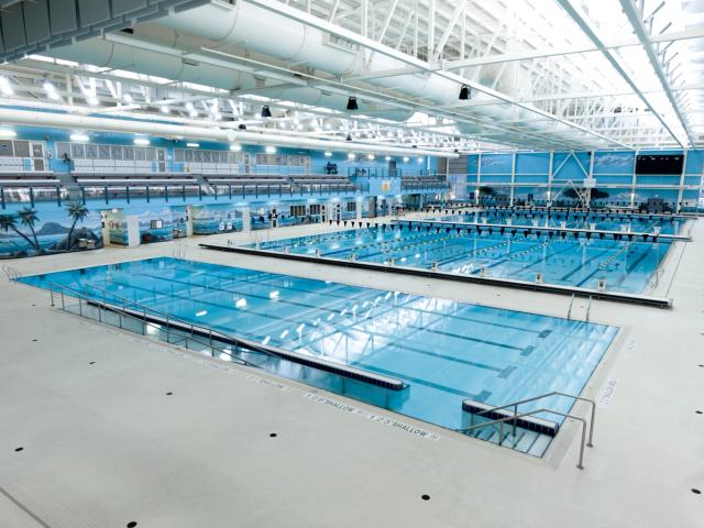 An aerial view of the various pools.