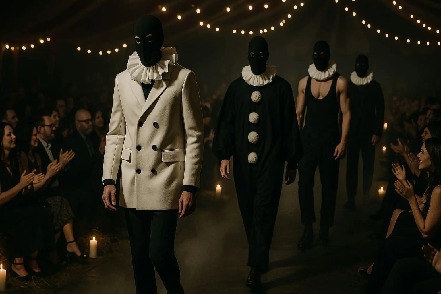 Carnival models in masks and costumes on stage.