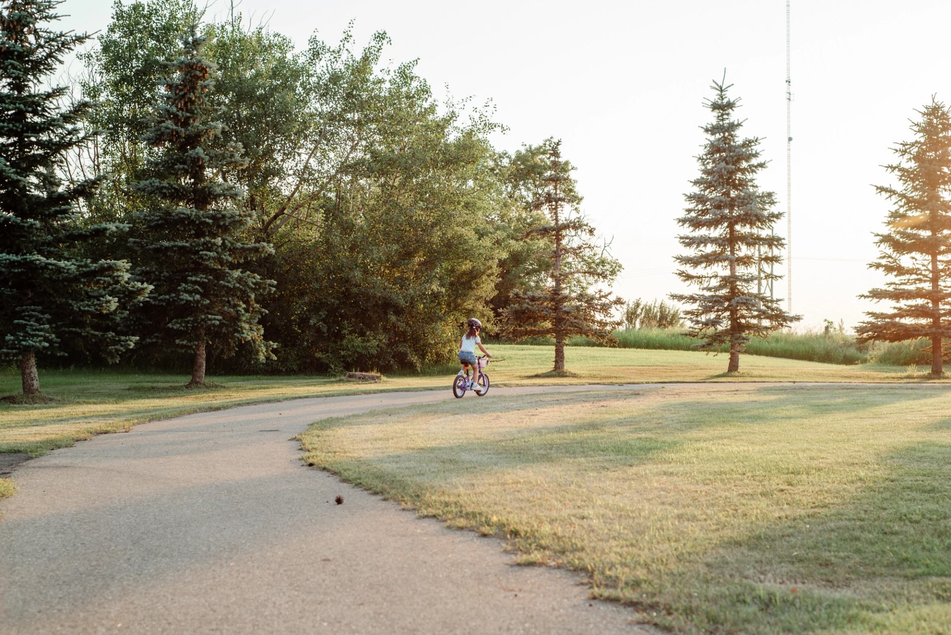 Child riding a bicycle along a paved path through a grassy park with trees.