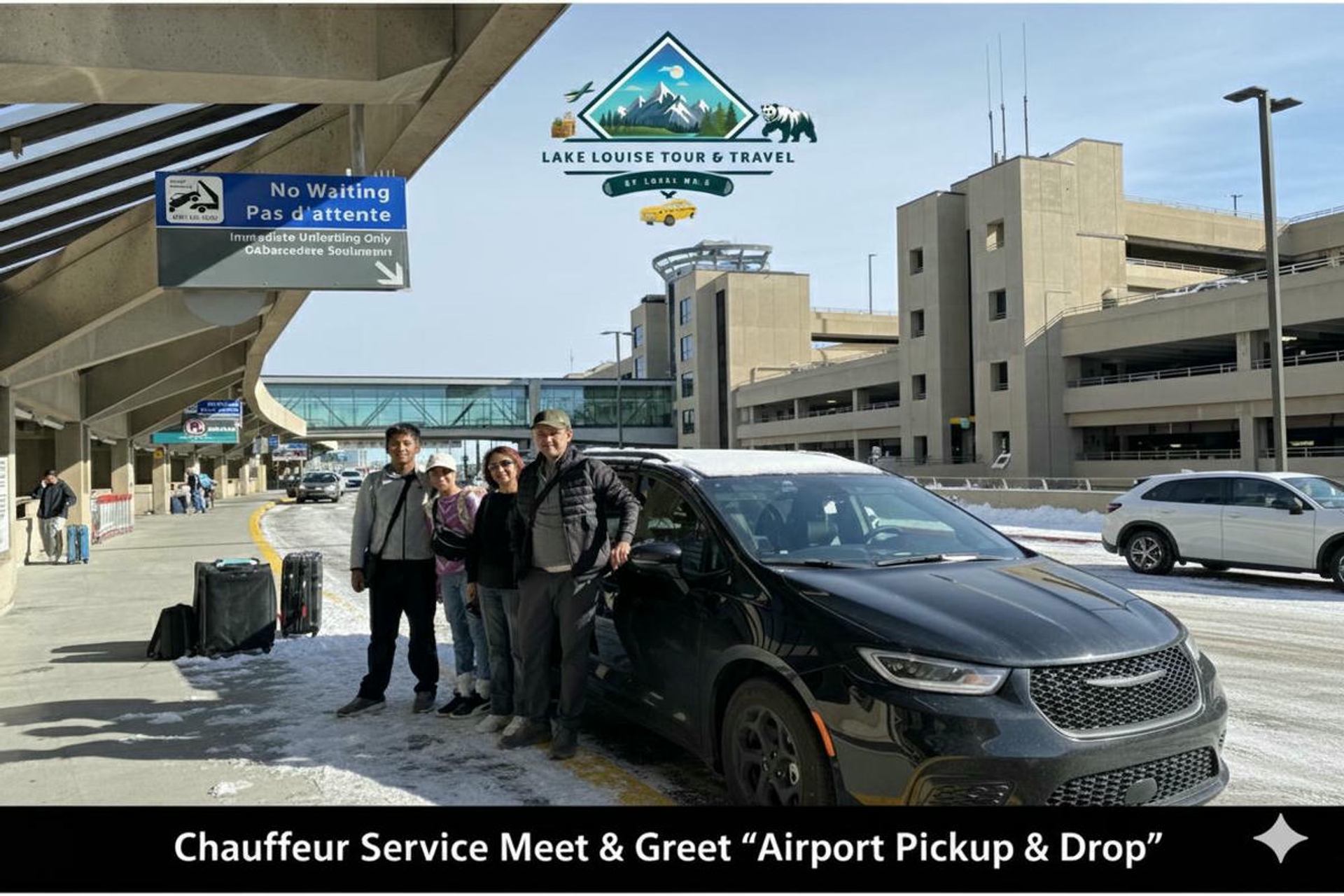 Travellers stand beside black minivan at airport curb under No Waiting sign and logo