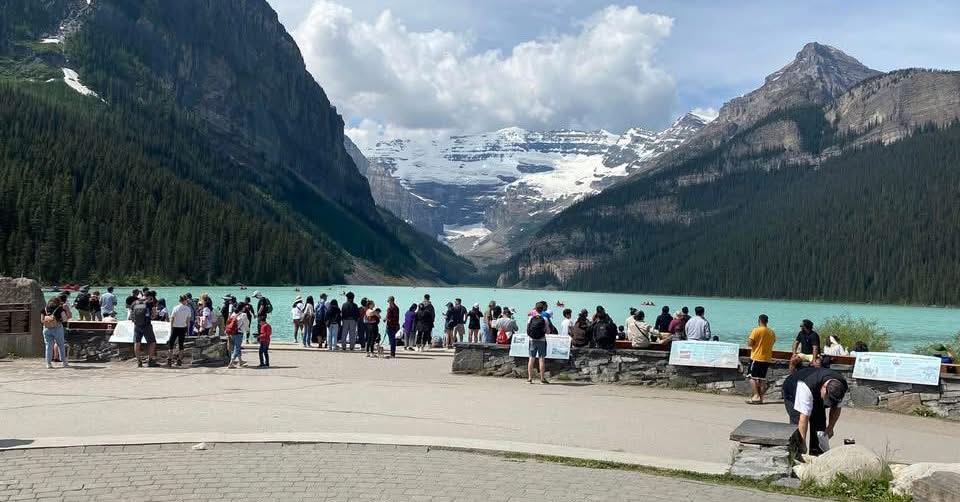 Crowds viewing turquoise Lake Louise surrounded by forested peaks and glaciers.