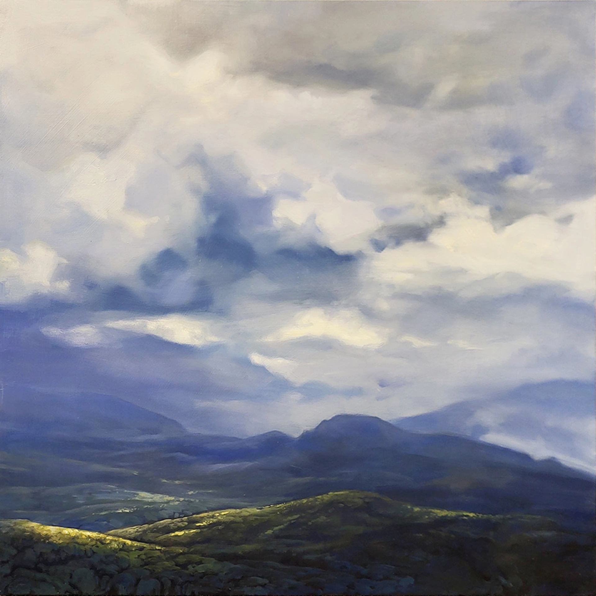 Landscape painting of dark mountains and green hills beneath layered grey and blue clouds.