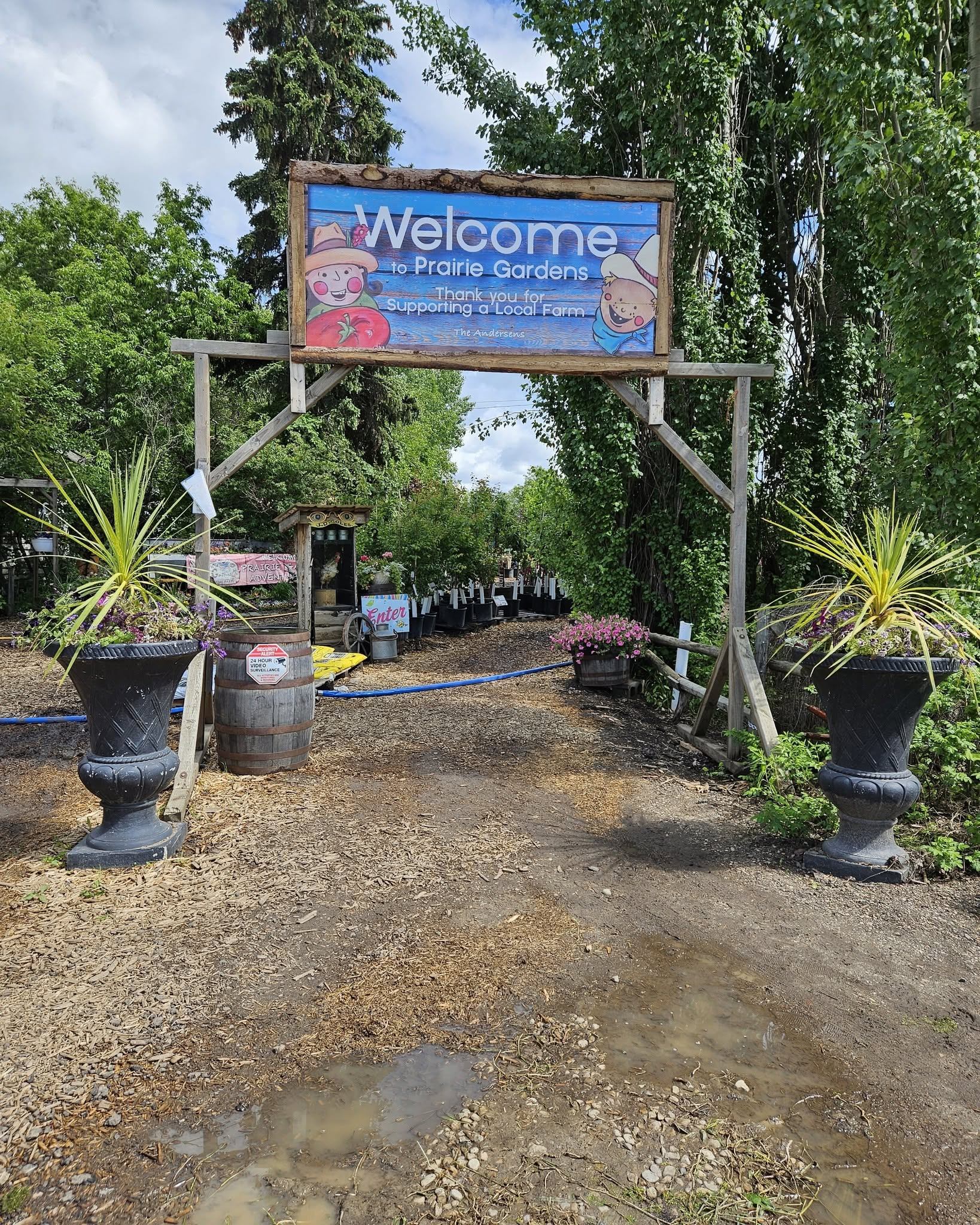 Farm entrance sign reading Welcome to Prairie Gardens above planters and muddy path.