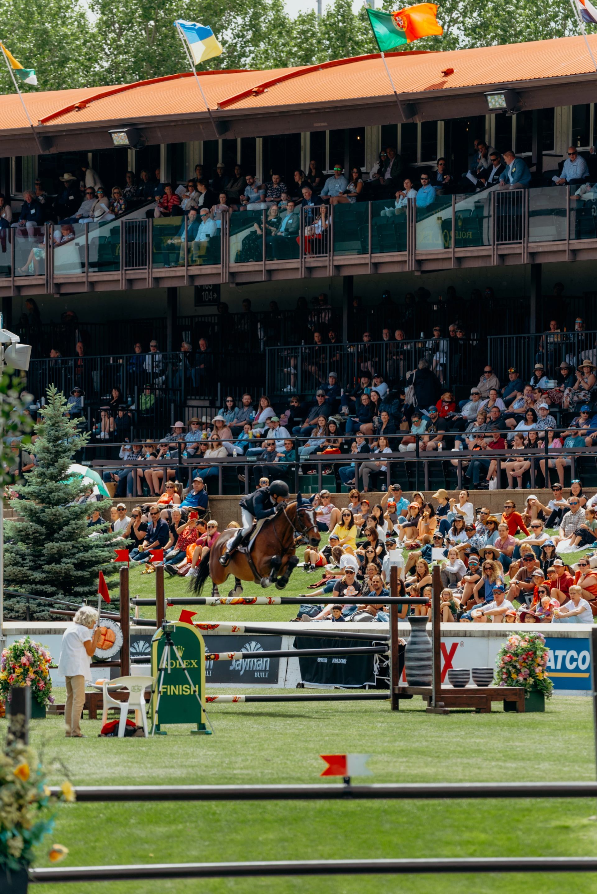 A horse and rider clear a high jump as spectators fill the grandstands behind them.
