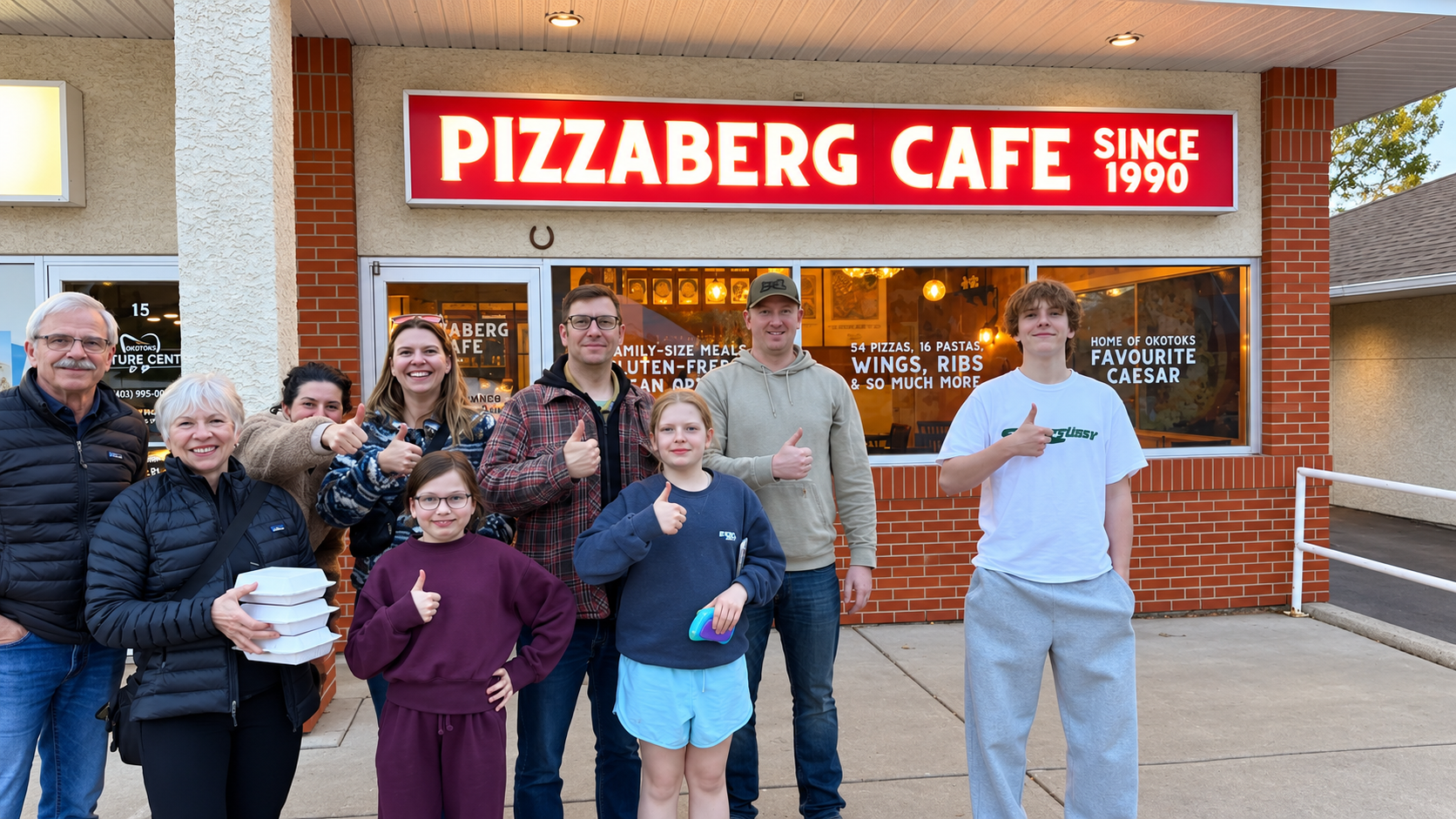 Group gives thumbs-up outside Pizzaberg Cafe while one person holds takeout containers.