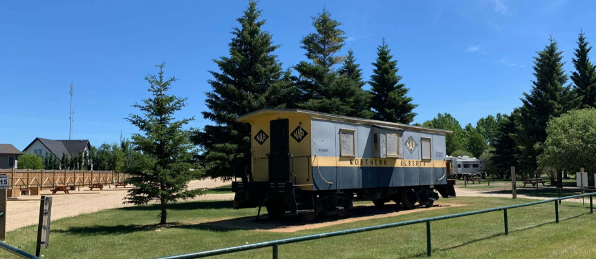 Northern Alberta Railways caboose displayed on grass among evergreen trees.