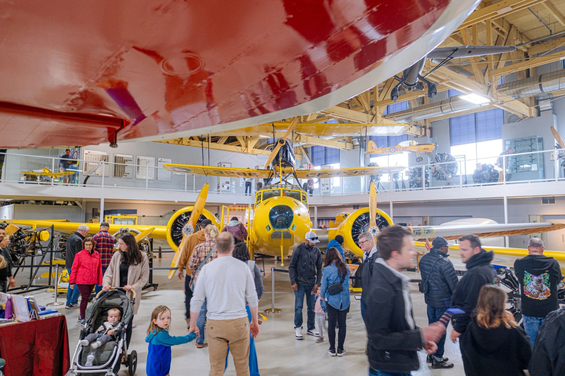 Visitors walking among colorful aircraft displays at The Hangar Flight Museum on Family Day.