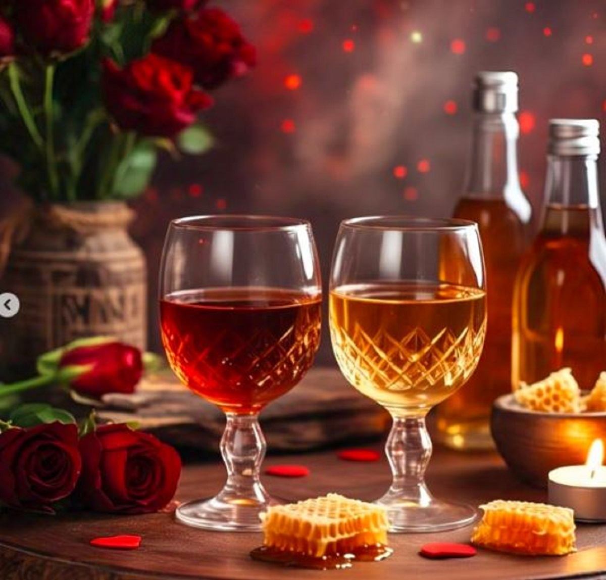 Two glasses of their wine with flowers in the background