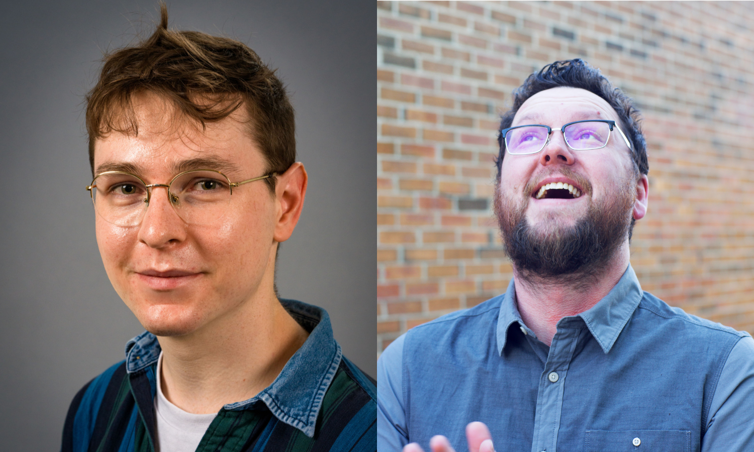 Two people wearing glasses, one in studio portrait, one outdoors by brick wall.