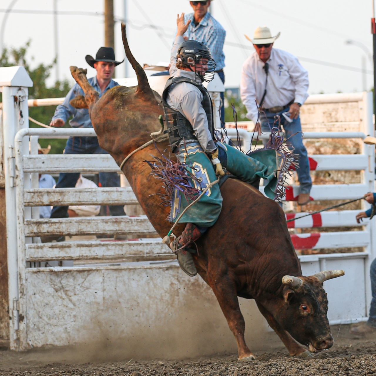 Bull rider grips bucking bull in rodeo arena while rodeo staff watch nearby.