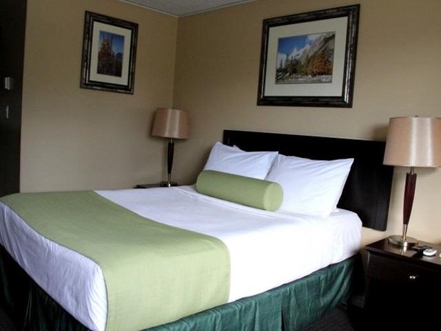 Clean motel room with white bedding, green accents, and bedside lamps at Acorn Motel.