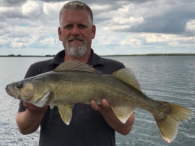 Person holds large walleye by a lake under cloudy skies.