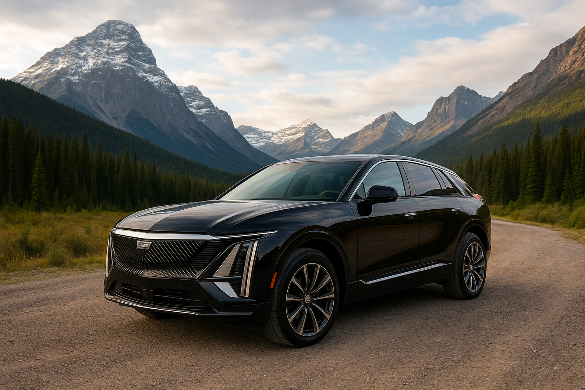 Black SUV parked on mountain road with Rockies in the background.