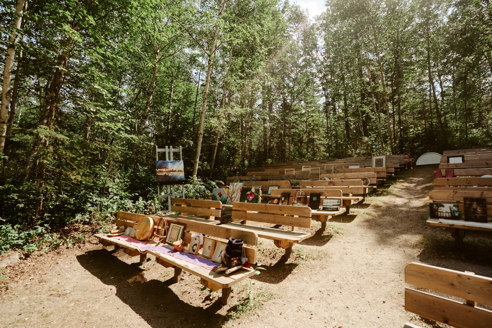 Multiple benches showcasing Indigenous artwork in a wooded outdoor gallery.