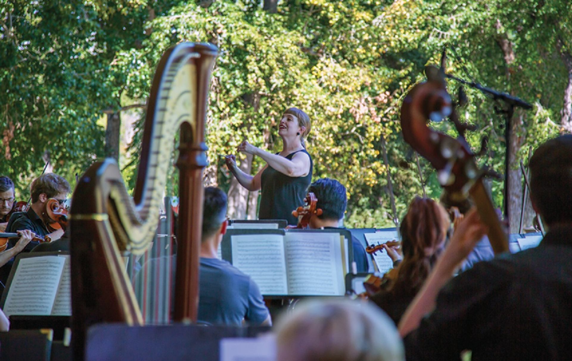 Outdoor orchestra with conductor and musicians performing among trees at Phil in the Park.