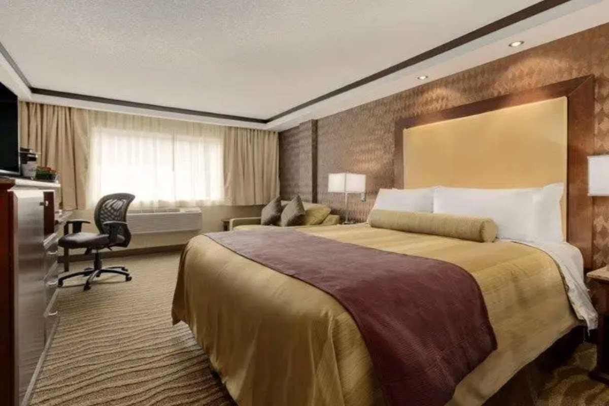 Hotel room with king bed, headboard, pillows, desk chair, and window curtains.